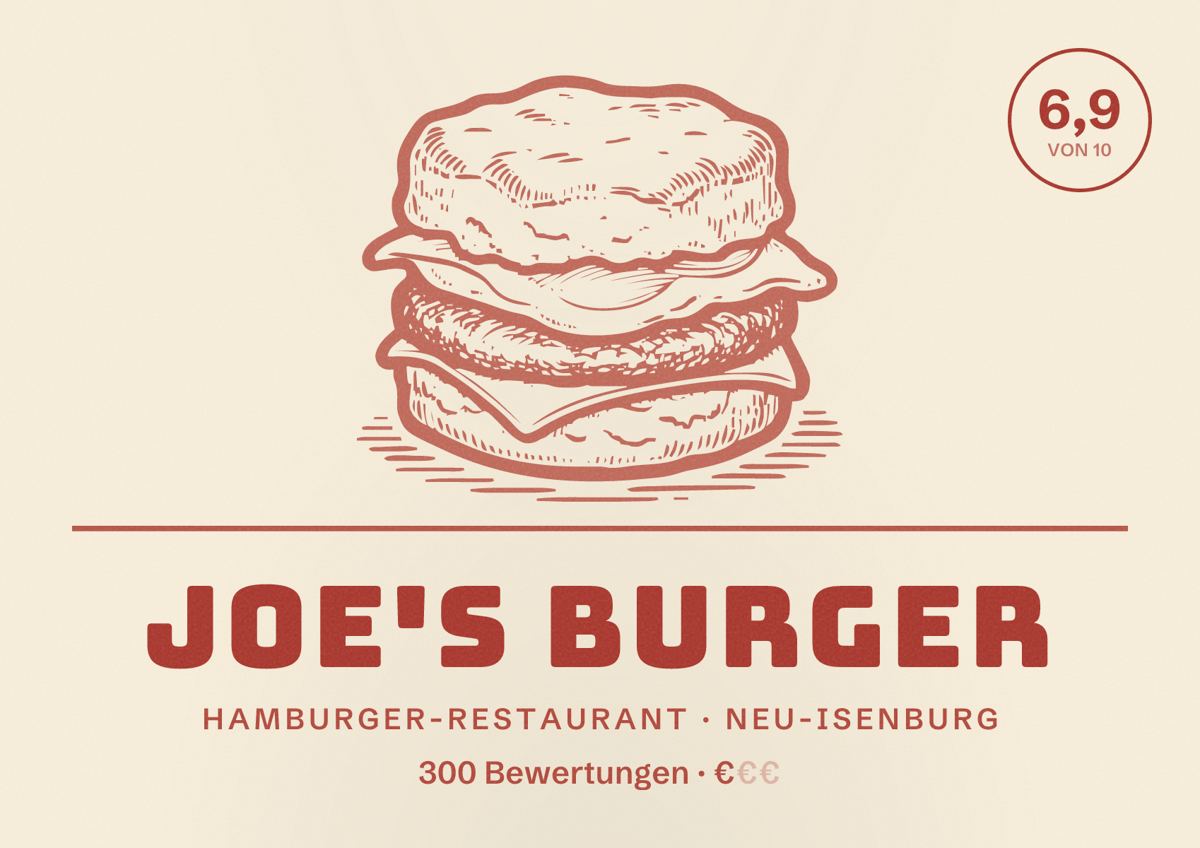 Illustriertes Poster von Joe's Burger, Hamburger-Restaurant in Neu-Isenburg: Bewertung 6,9 von 10 aus 300 Bewertungen, Preisniveau €