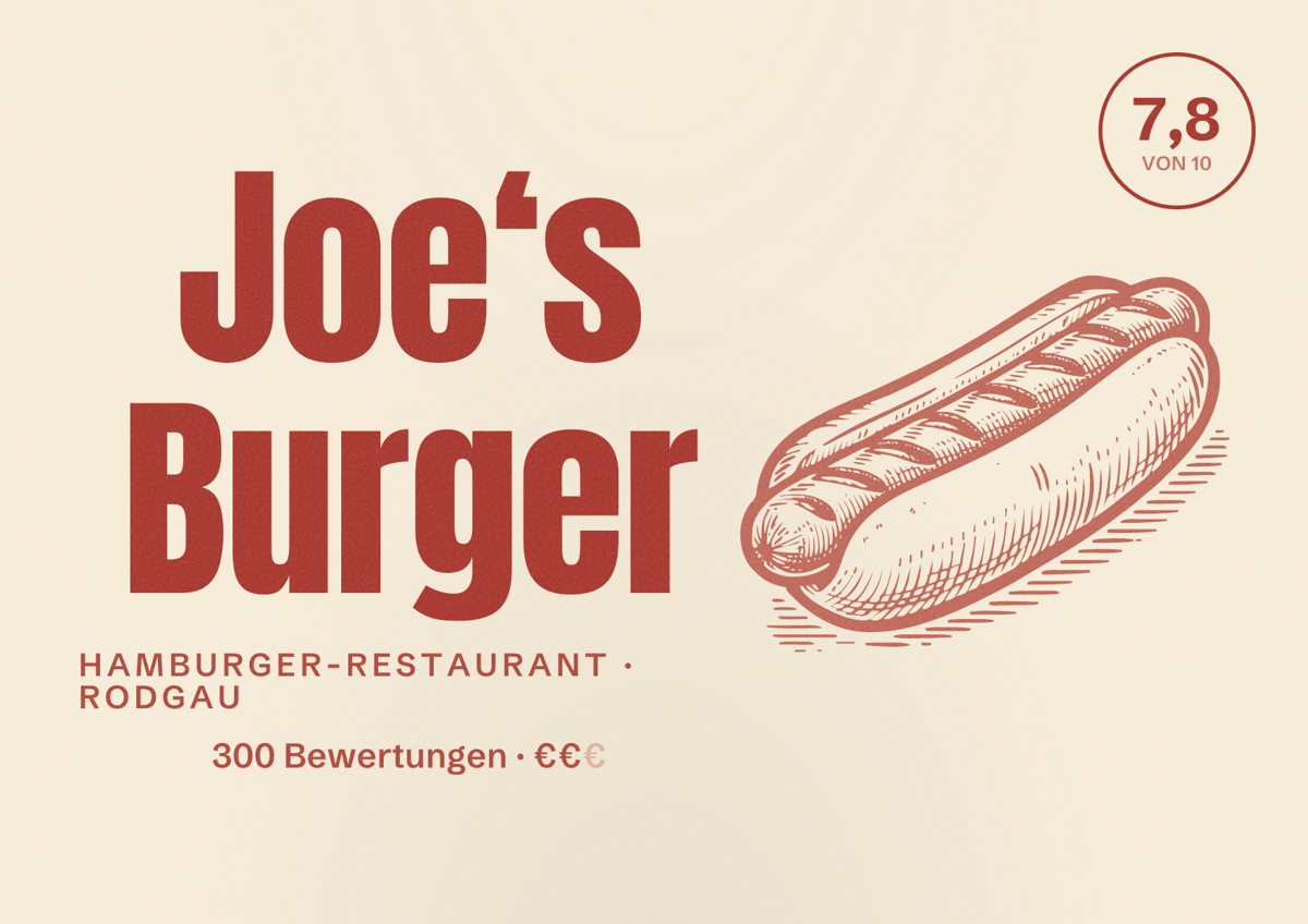 Illustriertes Poster von Joe‘s Burger, Hamburger-Restaurant in Rodgau: Bewertung 7,8 von 10 aus 300 Bewertungen, Preisniveau €€