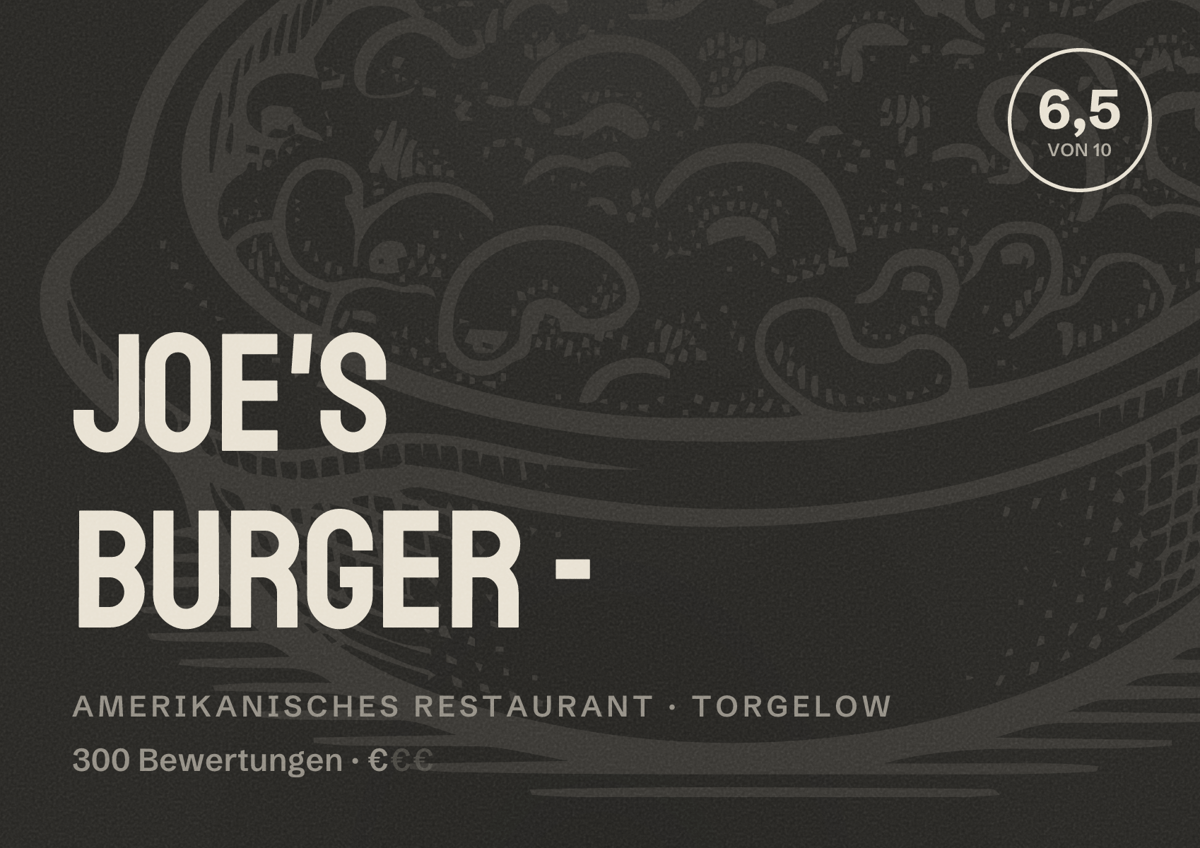 Illustriertes Poster von Joe's Burger -, Amerikanisches Restaurant in Torgelow: Bewertung 6,5 von 10 aus 300 Bewertungen, Preisniveau €