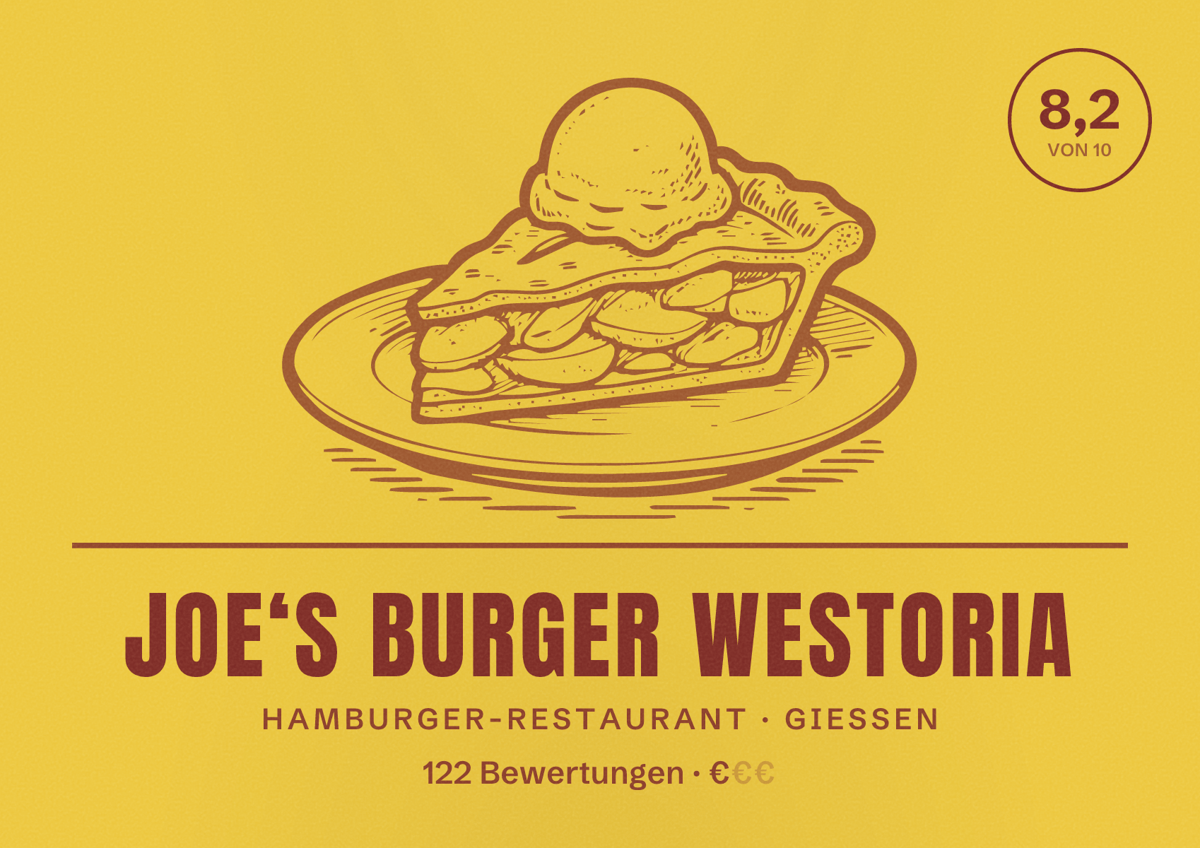 Illustriertes Poster von Joe‘s Burger Westoria, Hamburger-Restaurant in Gießen: Bewertung 8,2 von 10 aus 122 Bewertungen, Preisniveau €