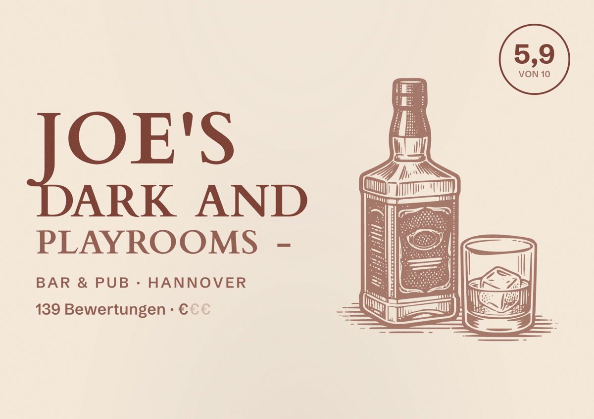 Illustriertes Poster von Joe's Dark and Playrooms -, Bar & Pub in Hannover: Bewertung 5,9 von 10 aus 139 Bewertungen, Preisniveau €