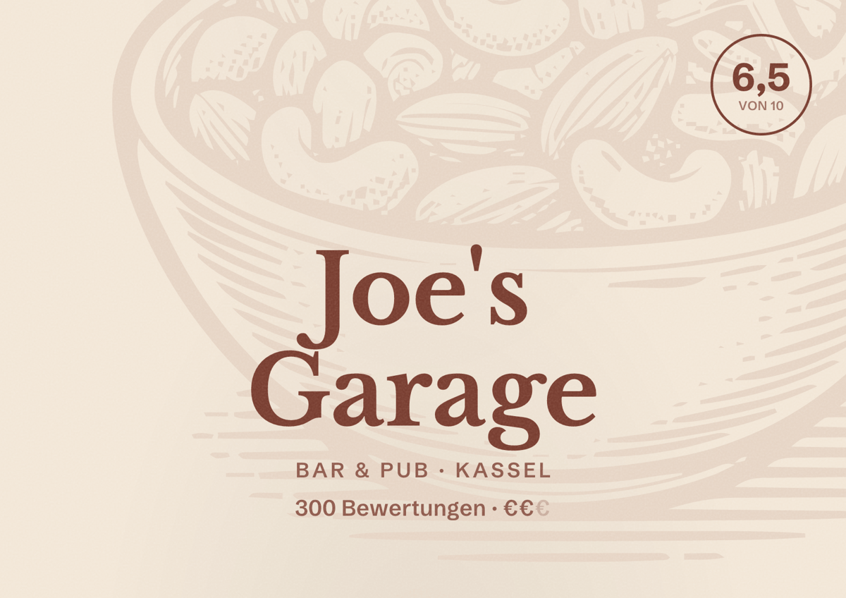 Illustriertes Poster von Joe's Garage, Bar & Pub in Kassel: Bewertung 6,5 von 10 aus 300 Bewertungen, Preisniveau €€