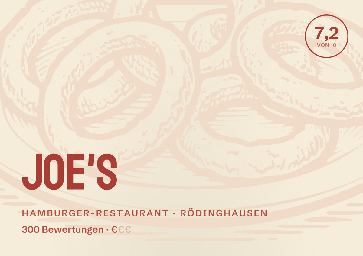 Illustriertes Poster von Joe's, Hamburger-Restaurant in Rödinghausen: Bewertung 7,2 von 10 aus 300 Bewertungen, Preisniveau €