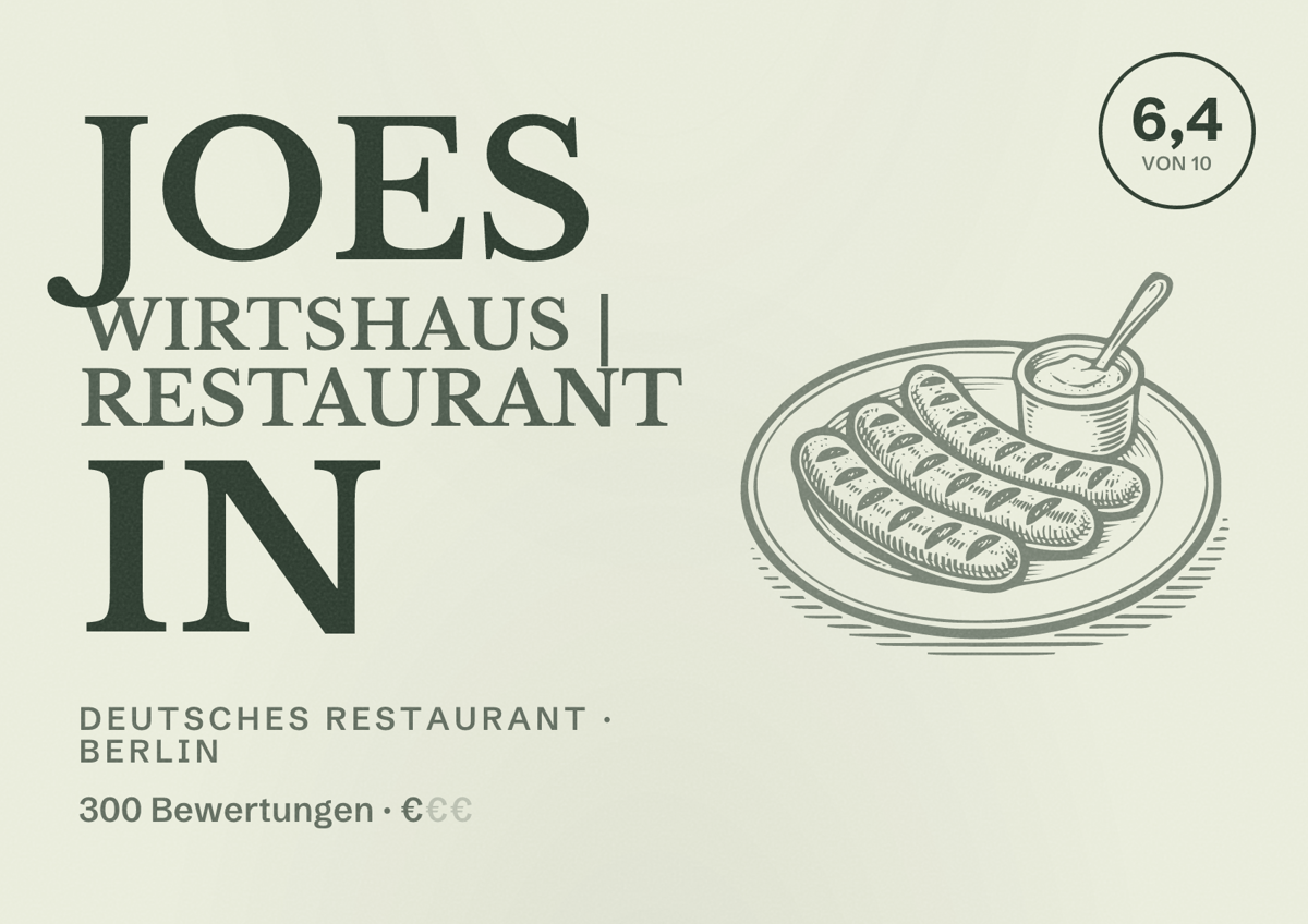 Illustriertes Poster von Joes Wirtshaus | Restaurant in, Deutsches Restaurant in Berlin: Bewertung 6,4 von 10 aus 300 Bewertungen, Preisniveau €