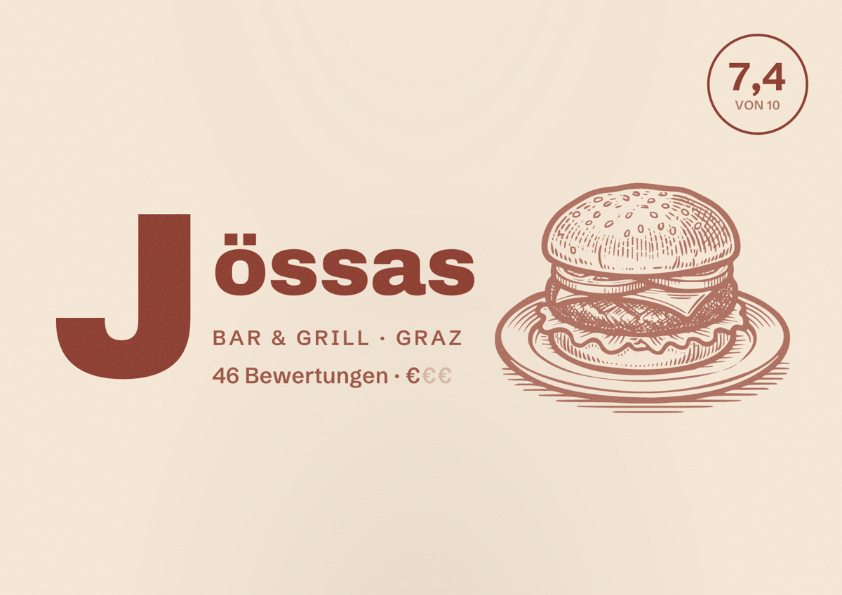 Illustriertes Poster von Jössas, Bar & Grill in Graz: Bewertung 7,4 von 10 aus 46 Bewertungen, Preisniveau €