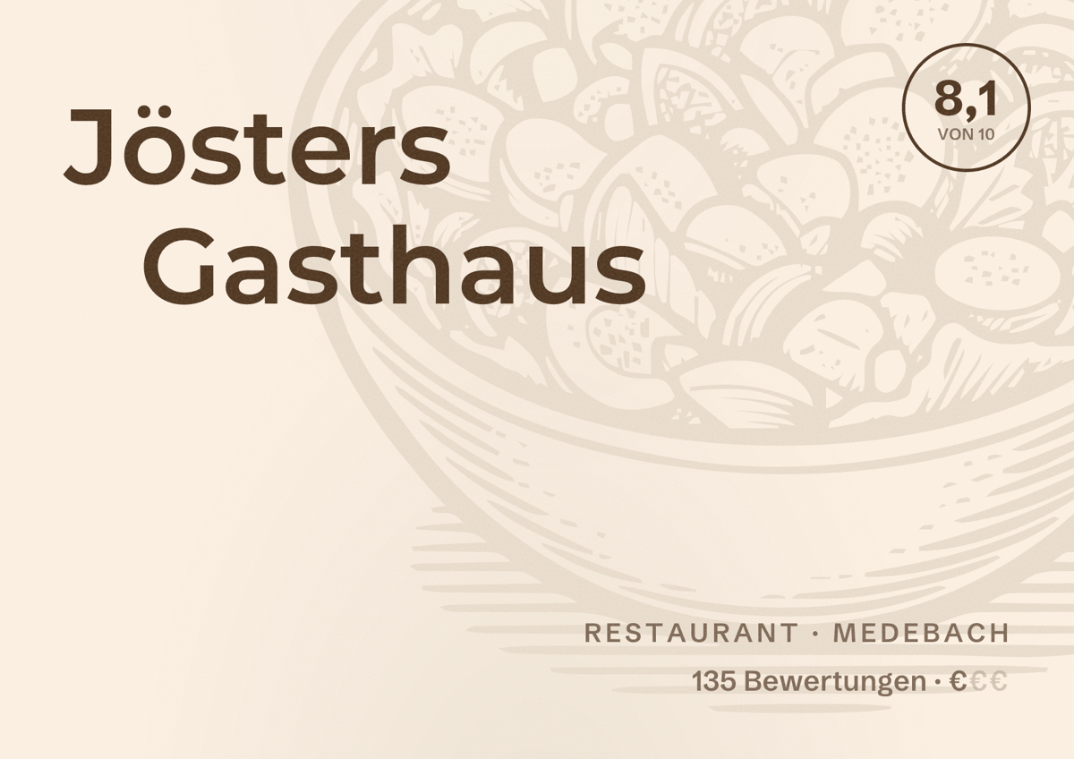 Illustriertes Poster von Jösters Gasthaus, Restaurant in Medebach: Bewertung 8,1 von 10 aus 135 Bewertungen, Preisniveau €