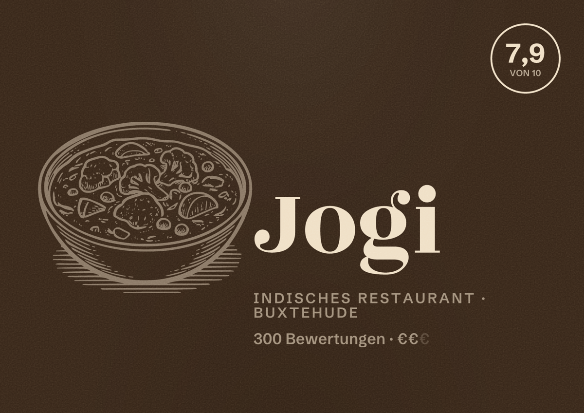 Illustriertes Poster von Jogi, Indisches Restaurant in Buxtehude: Bewertung 7,9 von 10 aus 300 Bewertungen, Preisniveau €€