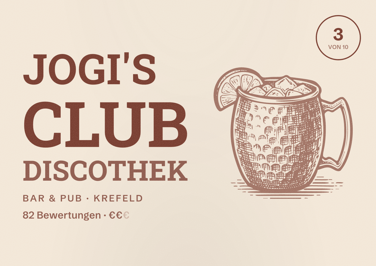 Illustriertes Poster von Jogi's Club Discothek, Bar & Pub in Krefeld: Bewertung 3 von 10 aus 82 Bewertungen, Preisniveau €€
