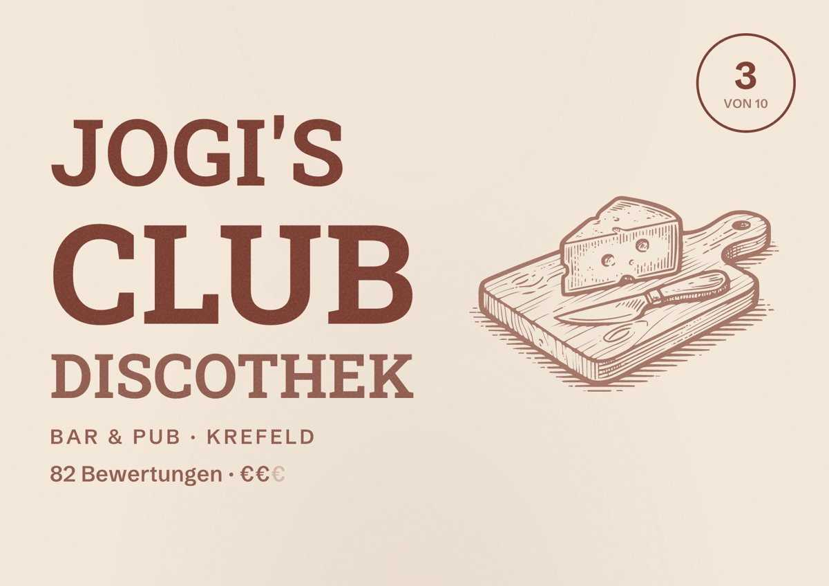 Illustriertes Poster von Jogi's Club Discothek, Bar & Pub in Krefeld: Bewertung 3 von 10 aus 82 Bewertungen, Preisniveau €€