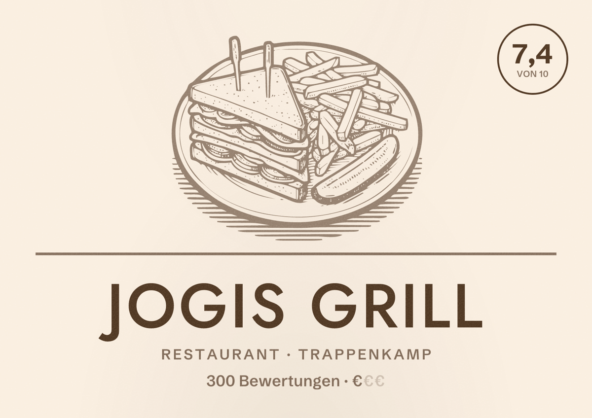 Illustriertes Poster von Jogis Grill, Restaurant in Trappenkamp: Bewertung 7,4 von 10 aus 300 Bewertungen, Preisniveau €