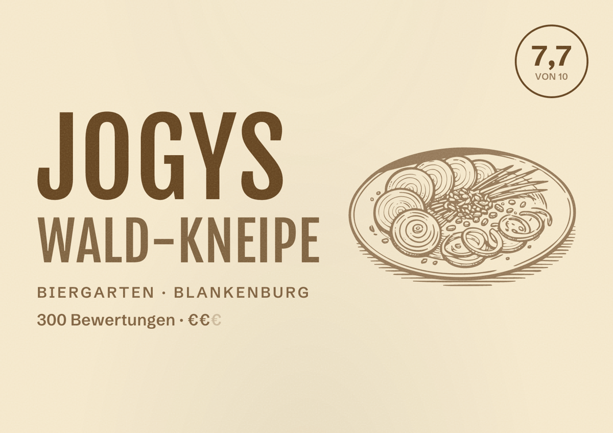 Illustriertes Poster von Jogys Wald-Kneipe, Biergarten in Blankenburg: Bewertung 7,7 von 10 aus 300 Bewertungen, Preisniveau €€