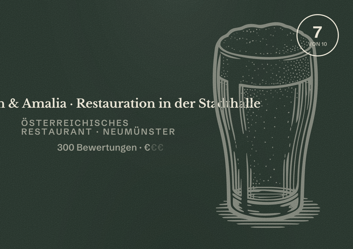 Illustriertes Poster von Johann & Amalia · Restauration in der Stadthalle, Österreichisches Restaurant in Neumünster: Bewertung 7 von 10 aus 300 Bewertungen, Preisniveau €