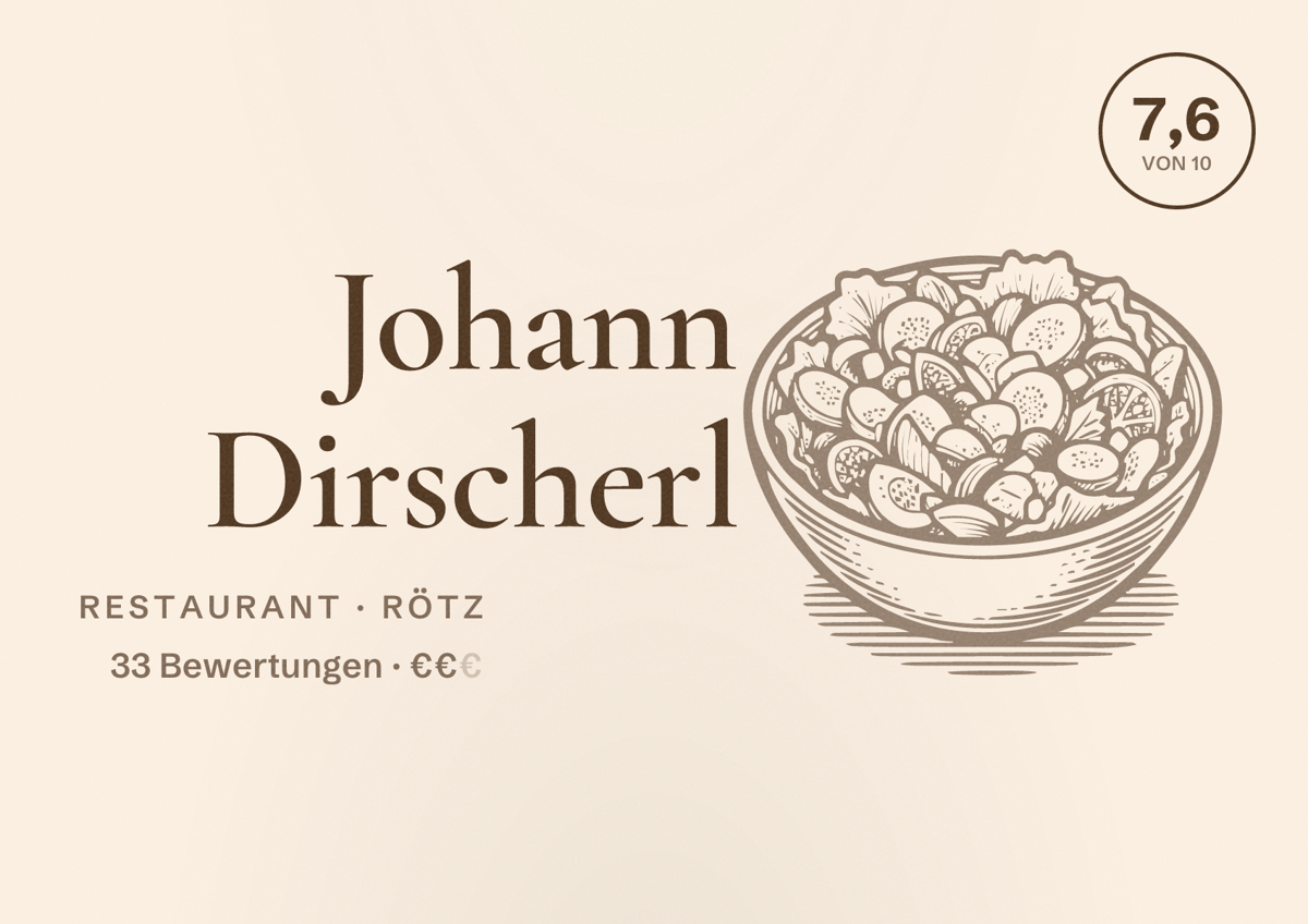 Illustriertes Poster von Johann Dirscherl, Restaurant in Rötz: Bewertung 7,6 von 10 aus 33 Bewertungen, Preisniveau €€