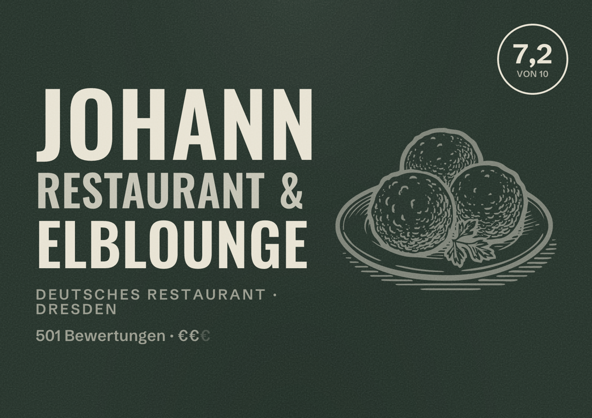 Illustriertes Poster von johann restaurant & elblounge, Deutsches Restaurant in Dresden: Bewertung 7,2 von 10 aus 501 Bewertungen, Preisniveau €€