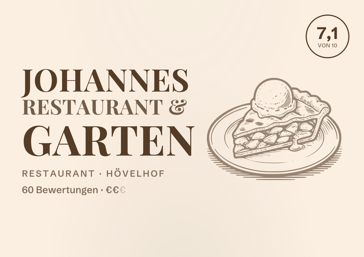 Illustriertes Poster von Johannes Restaurant & Garten, Restaurant in Hövelhof: Bewertung 7,1 von 10 aus 60 Bewertungen, Preisniveau €€