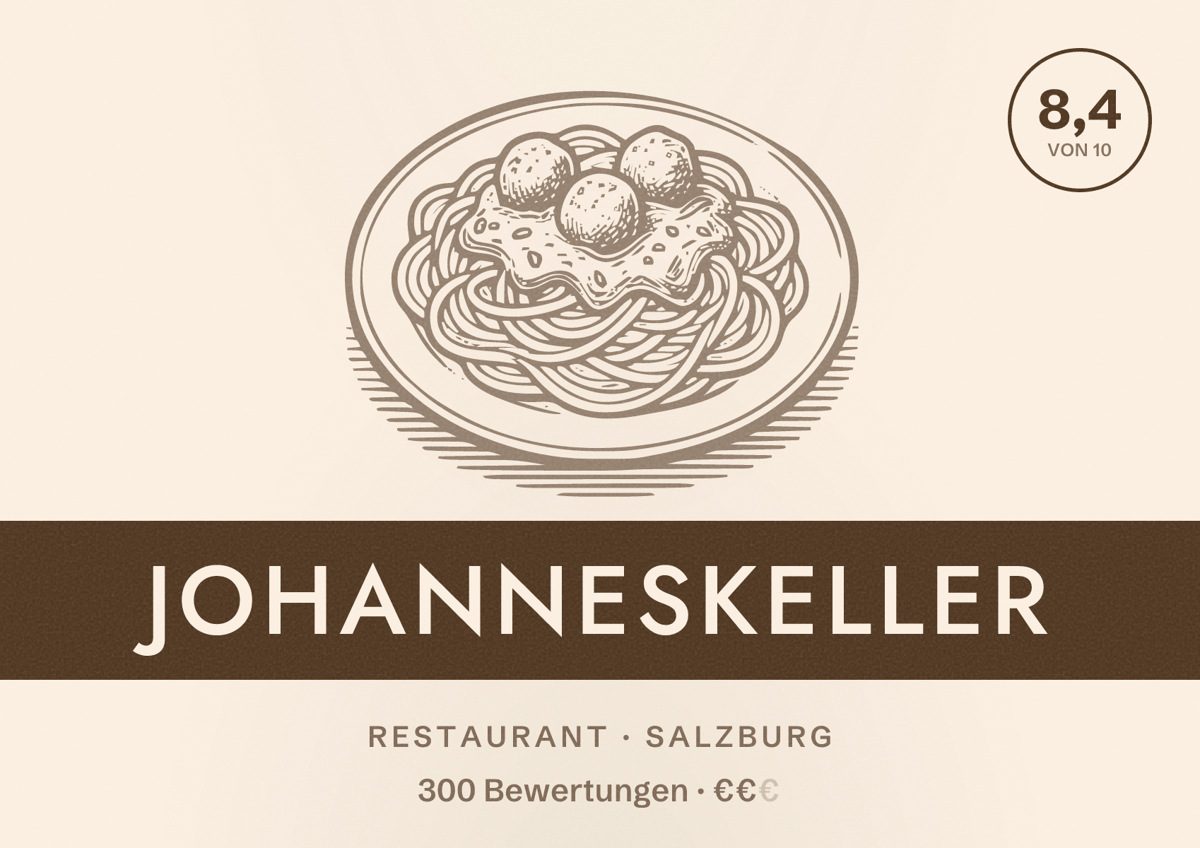 Illustriertes Poster von JOHANNESKELLER, Restaurant in Salzburg: Bewertung 8,4 von 10 aus 300 Bewertungen, Preisniveau €€