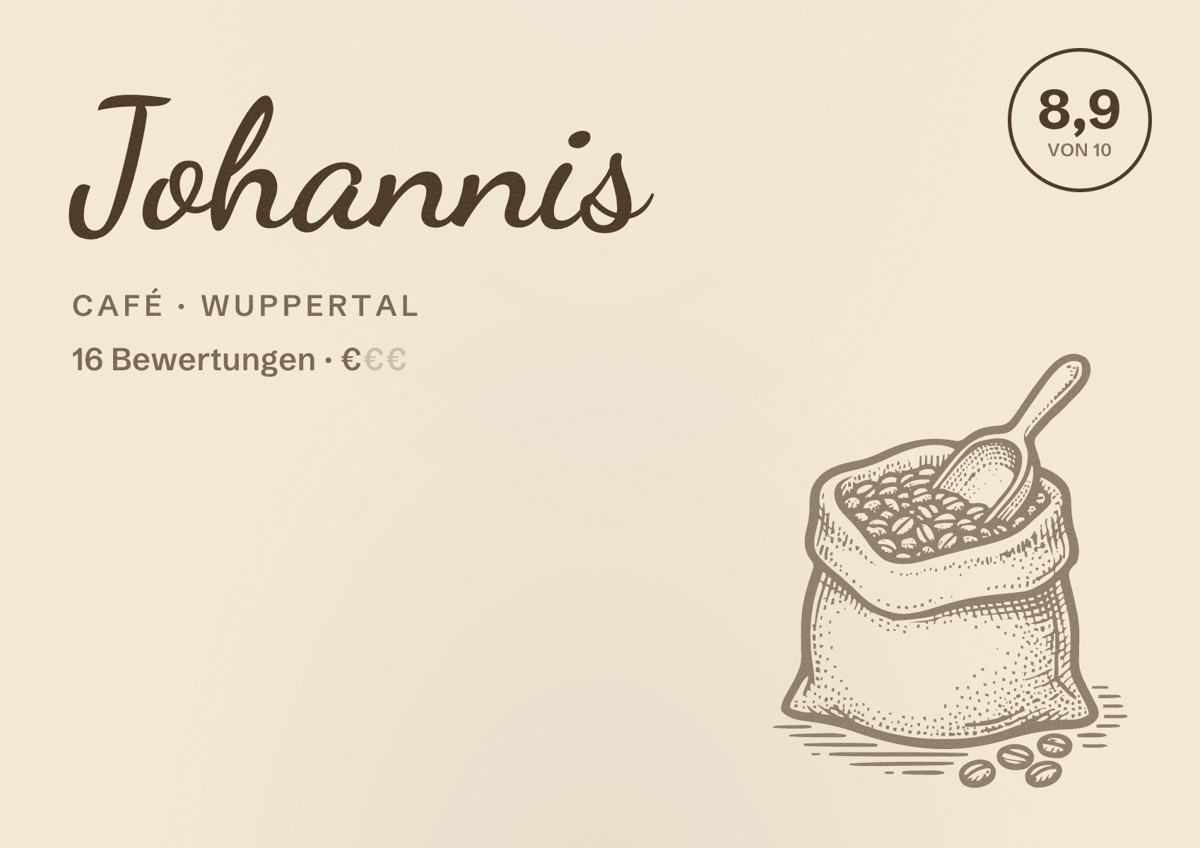 Illustriertes Poster von Johannis, Café in Wuppertal: Bewertung 8,9 von 10 aus 16 Bewertungen, Preisniveau €