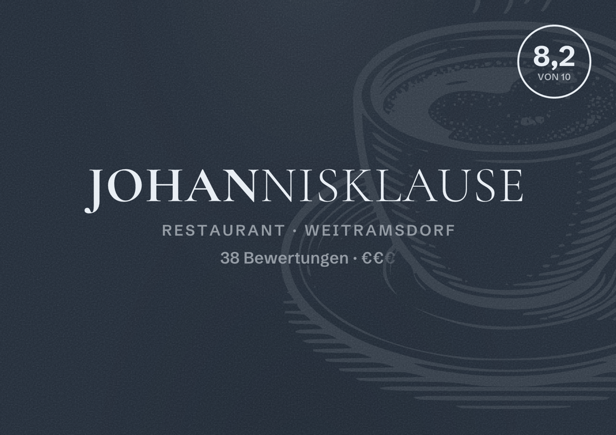 Illustriertes Poster von Johannisklause, Restaurant in Weitramsdorf: Bewertung 8,2 von 10 aus 38 Bewertungen, Preisniveau €€