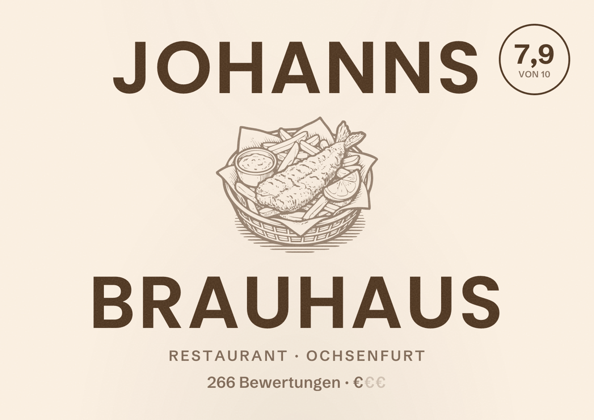 Illustriertes Poster von Johanns Brauhaus, Restaurant in Ochsenfurt: Bewertung 7,9 von 10 aus 266 Bewertungen, Preisniveau €