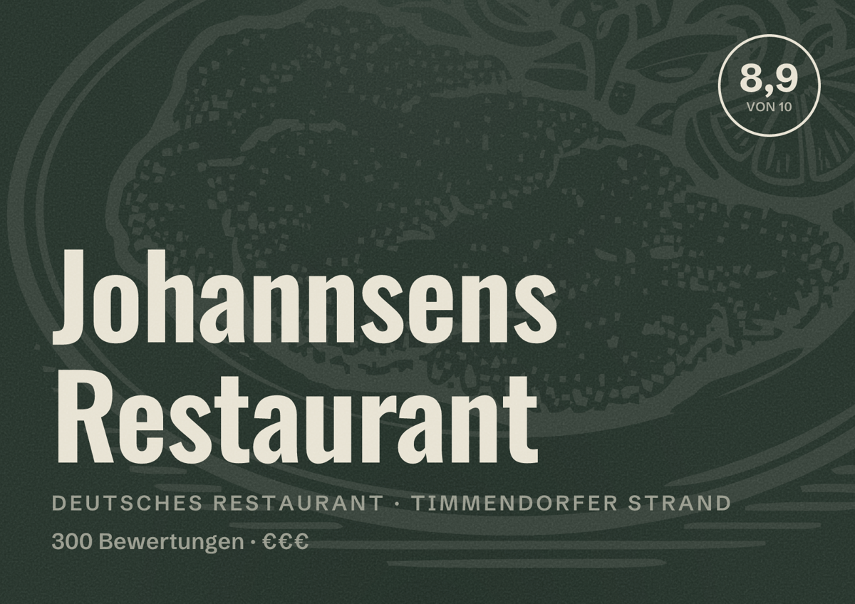 Illustriertes Poster von Johannsens Restaurant, Deutsches Restaurant in Timmendorfer Strand: Bewertung 8,9 von 10 aus 300 Bewertungen, Preisniveau €€€