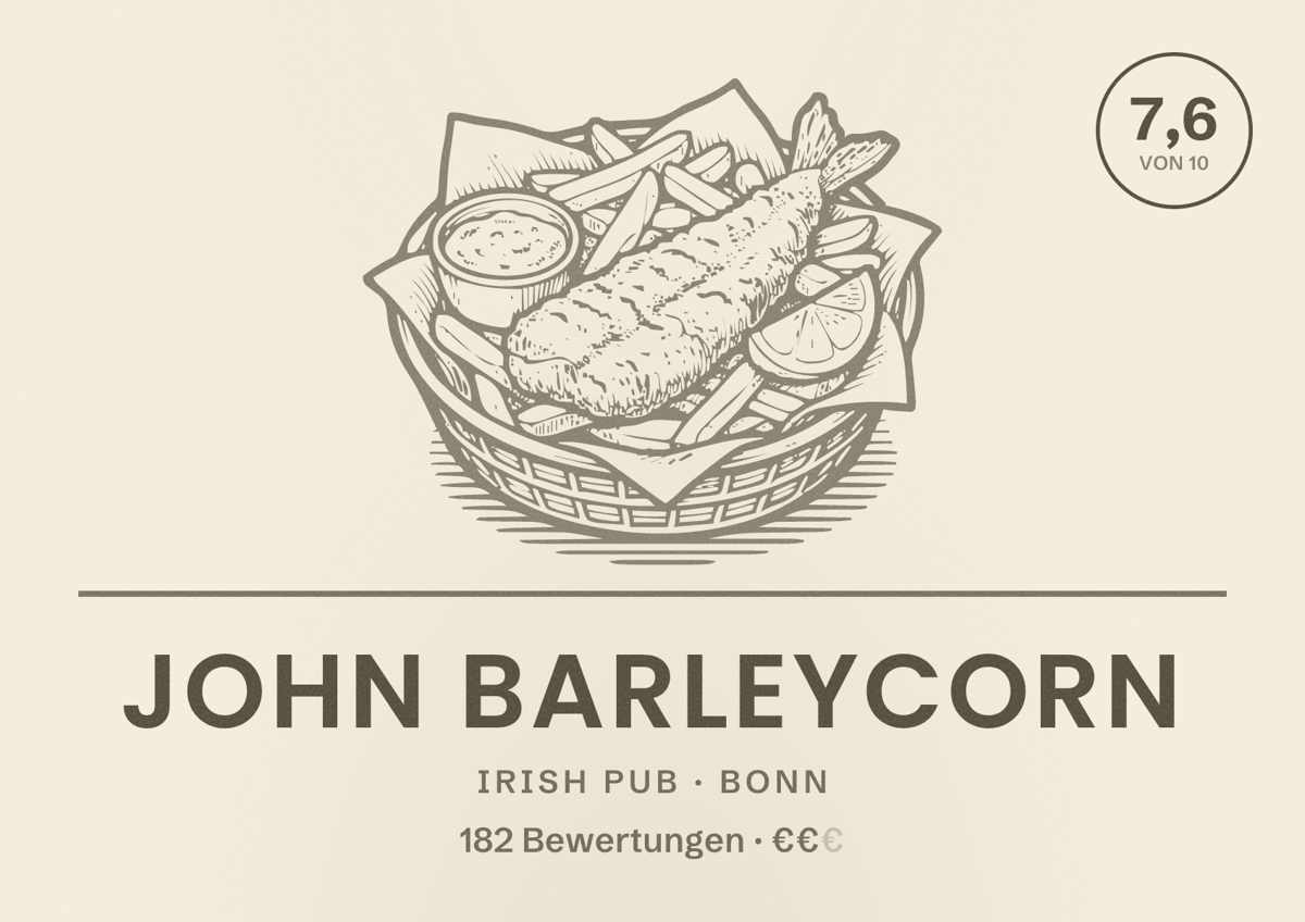 Illustriertes Poster von John Barleycorn, Irish Pub in Bonn: Bewertung 7,6 von 10 aus 182 Bewertungen, Preisniveau €€