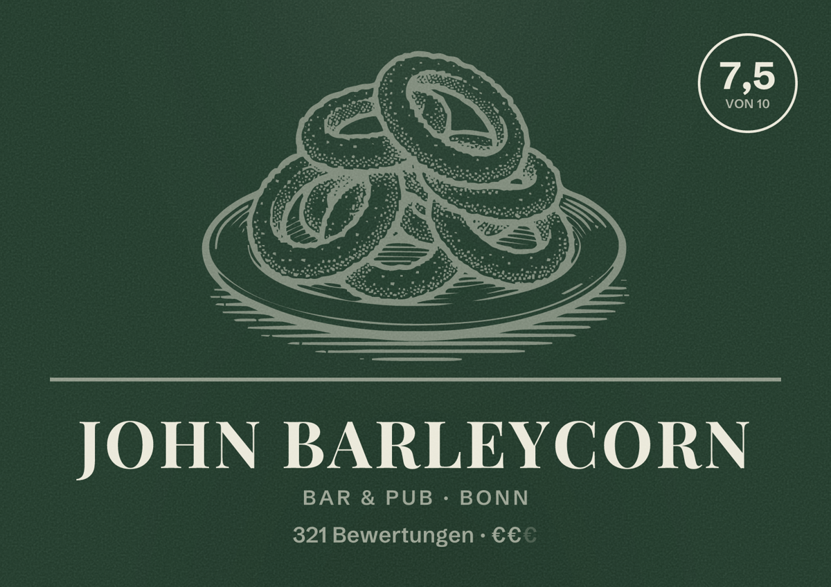 Illustriertes Poster von John Barleycorn, Bar & Pub in Bonn: Bewertung 7,5 von 10 aus 321 Bewertungen, Preisniveau €€