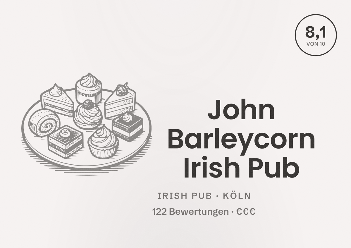 Illustriertes Poster von John Barleycorn Irish Pub, Irish Pub in Köln: Bewertung 8,1 von 10 aus 122 Bewertungen, Preisniveau €€€