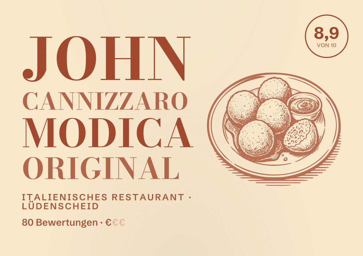Illustriertes Poster von John Cannizzaro Modica Original, Italienisches Restaurant in Lüdenscheid: Bewertung 8,9 von 10 aus 80 Bewertungen, Preisniveau €