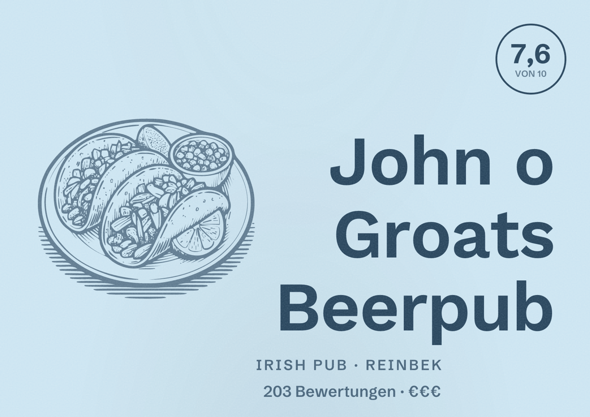 Illustriertes Poster von John o Groats Beerpub, Irish Pub in Reinbek: Bewertung 7,6 von 10 aus 203 Bewertungen, Preisniveau €€€