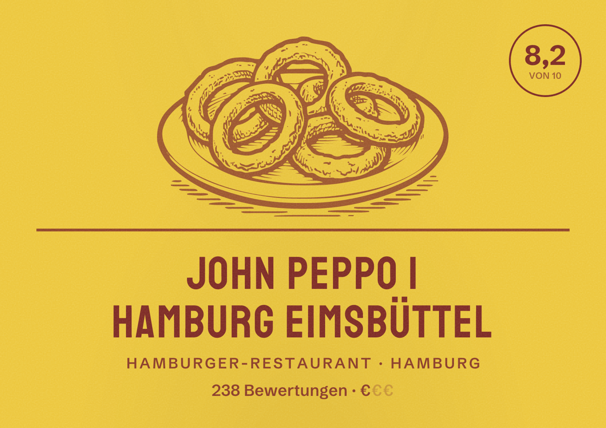 Illustriertes Poster von JOHN PEPPO | Hamburg Eimsbüttel, Hamburger-Restaurant in Hamburg: Bewertung 8,2 von 10 aus 238 Bewertungen, Preisniveau €