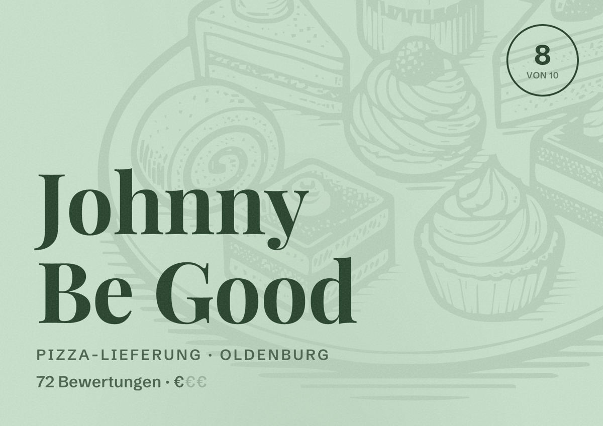 Illustriertes Poster von Johnny Be Good, Pizza-Lieferung in Oldenburg: Bewertung 8,0 von 10 aus 72 Bewertungen, Preisniveau €