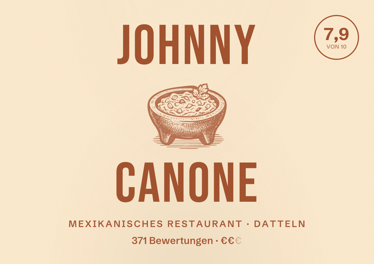 Illustriertes Poster von Johnny Canone, Mexikanisches Restaurant in Datteln: Bewertung 7,9 von 10 aus 371 Bewertungen, Preisniveau €€