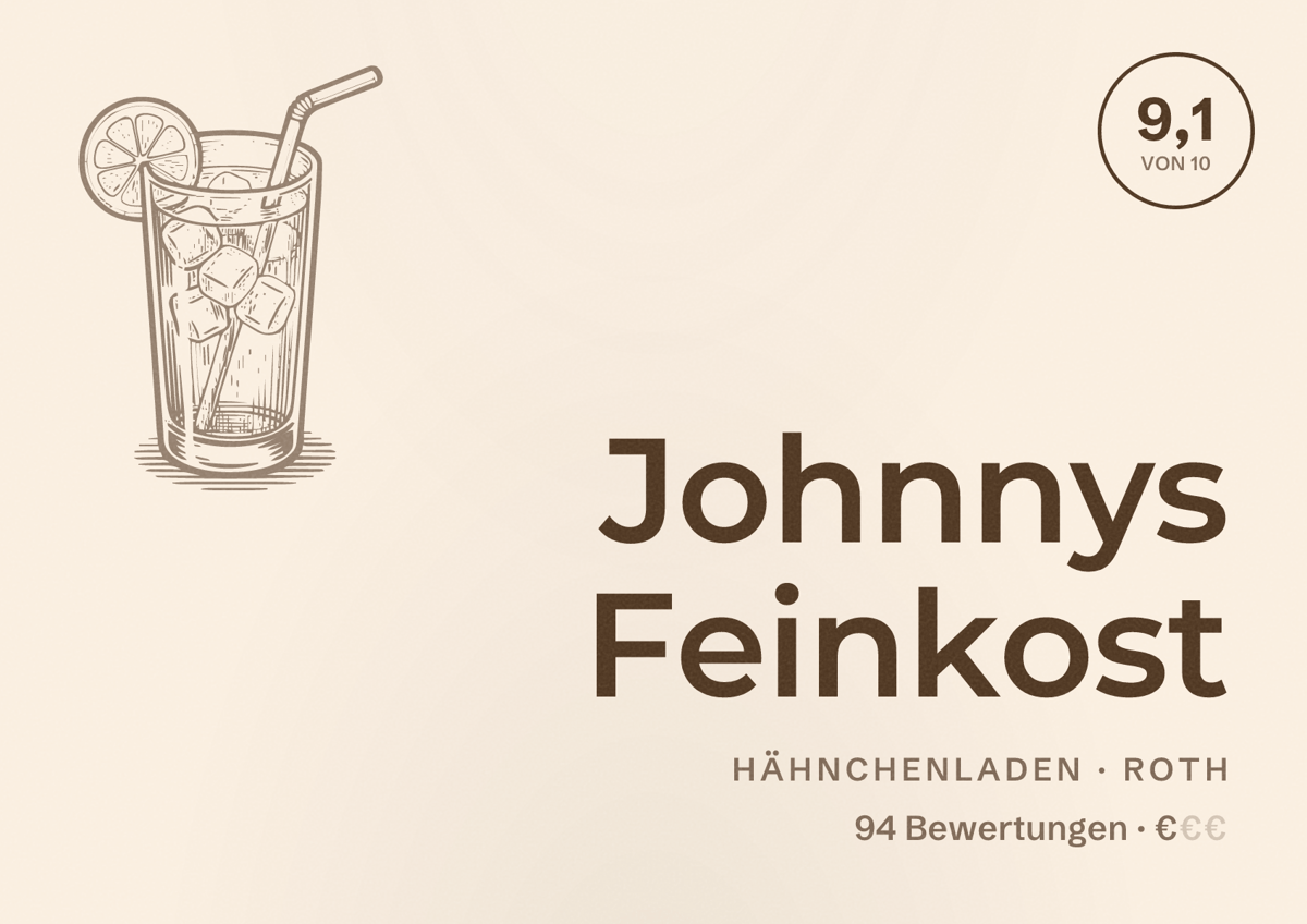 Illustriertes Poster von Johnnys Feinkost, Hähnchenladen in Roth: Bewertung 9,1 von 10 aus 94 Bewertungen, Preisniveau €