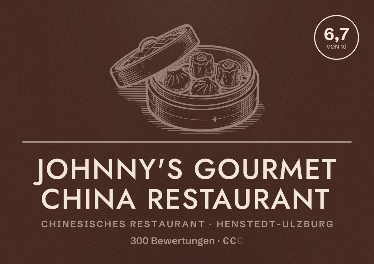 Illustriertes Poster von Johnny's Gourmet China Restaurant, Chinesisches Restaurant in Henstedt-Ulzburg: Bewertung 6,7 von 10 aus 300 Bewertungen, Preisniveau €€