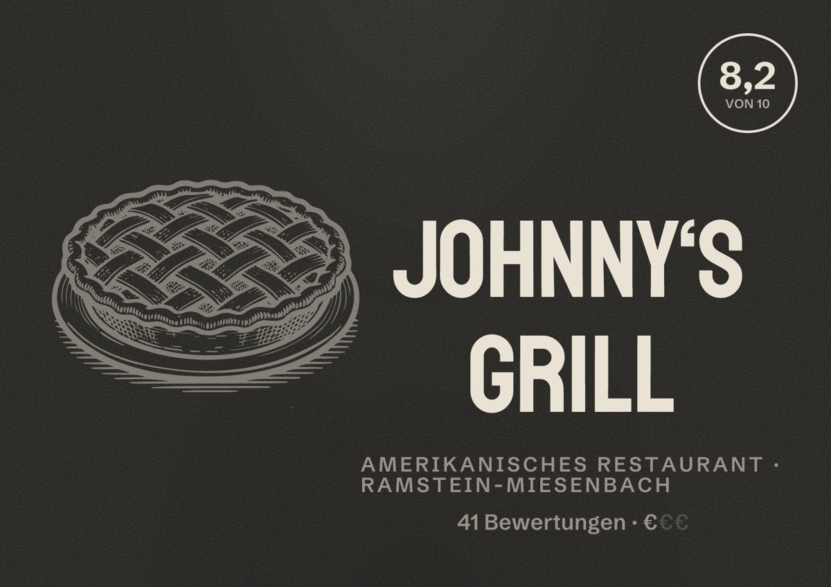 Illustriertes Poster von Johnny‘S Grill, Amerikanisches Restaurant in Ramstein-Miesenbach: Bewertung 8,2 von 10 aus 41 Bewertungen, Preisniveau €