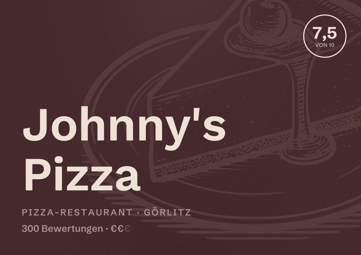 Illustriertes Poster von Johnny's Pizza, Pizza-Restaurant in Görlitz: Bewertung 7,5 von 10 aus 300 Bewertungen, Preisniveau €€