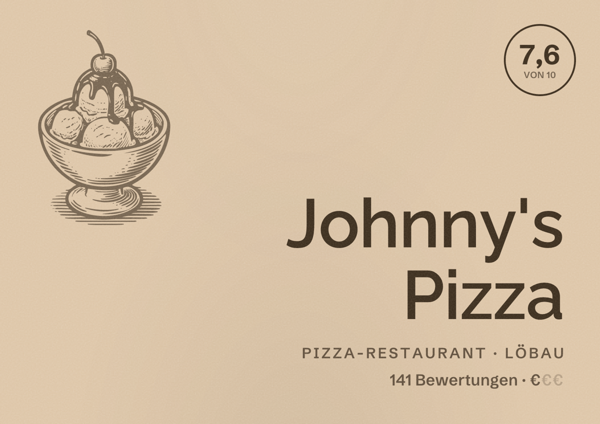 Illustriertes Poster von Johnny's Pizza, Pizza-Restaurant in Löbau: Bewertung 7,6 von 10 aus 141 Bewertungen, Preisniveau €