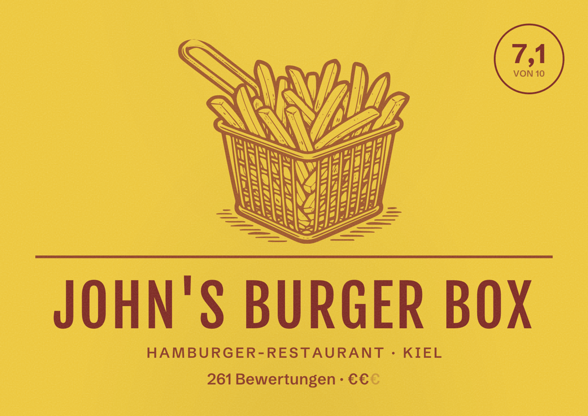Illustriertes Poster von John's Burger Box, Hamburger-Restaurant in Kiel: Bewertung 7,1 von 10 aus 261 Bewertungen, Preisniveau €€