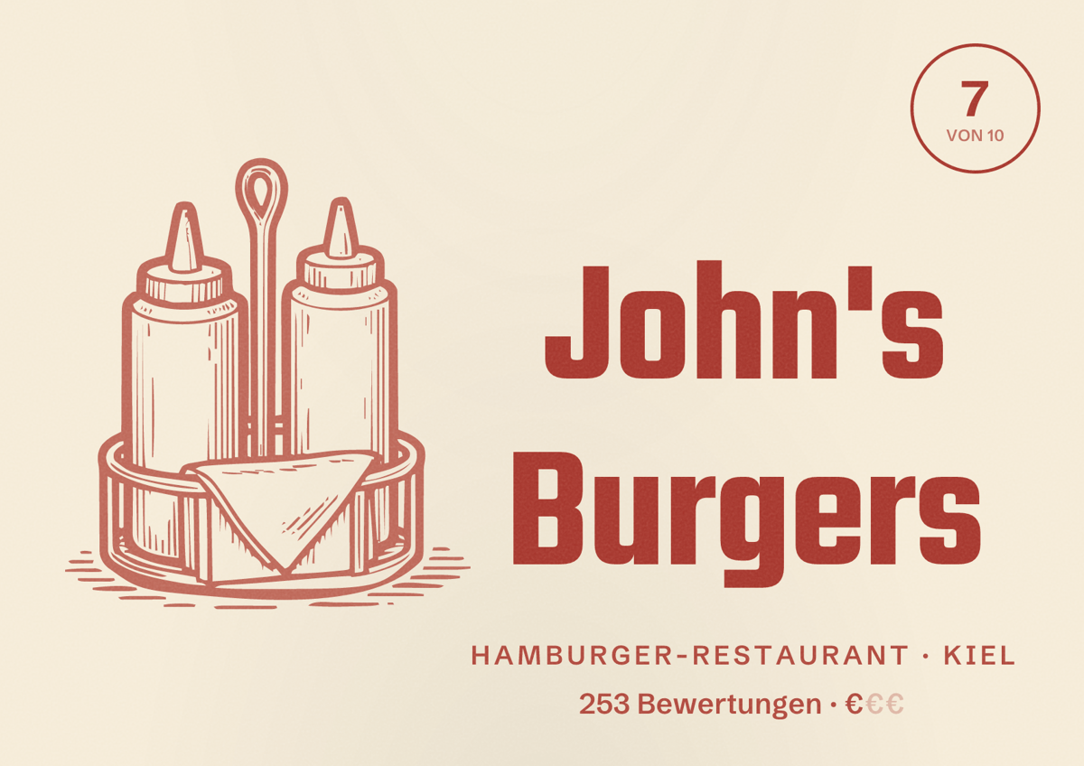 Illustriertes Poster von John's Burgers, Hamburger-Restaurant in Kiel: Bewertung 7 von 10 aus 253 Bewertungen, Preisniveau €