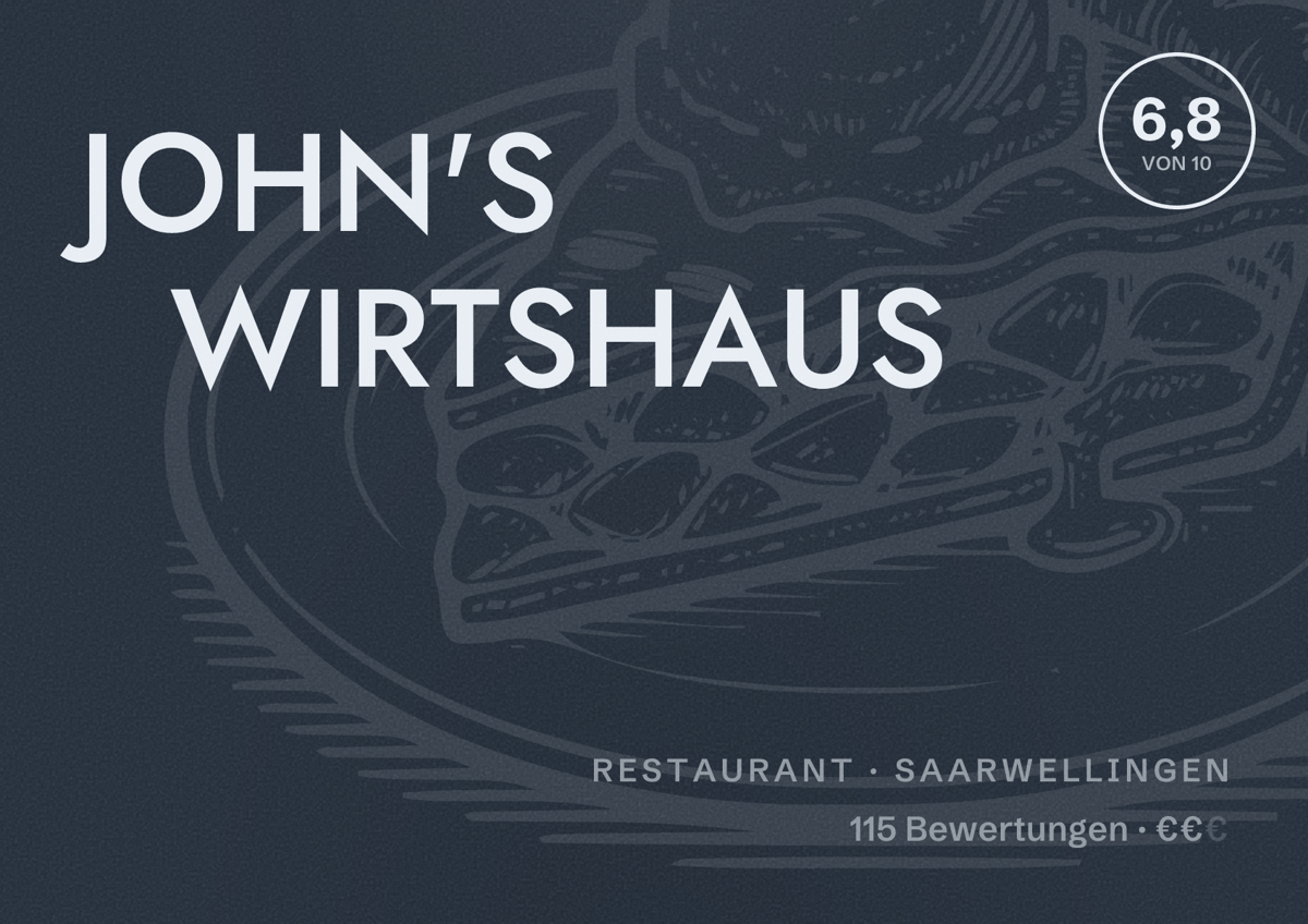 Illustriertes Poster von JOHN'S WIRTSHAUS, Restaurant in Saarwellingen: Bewertung 6,8 von 10 aus 115 Bewertungen, Preisniveau €€