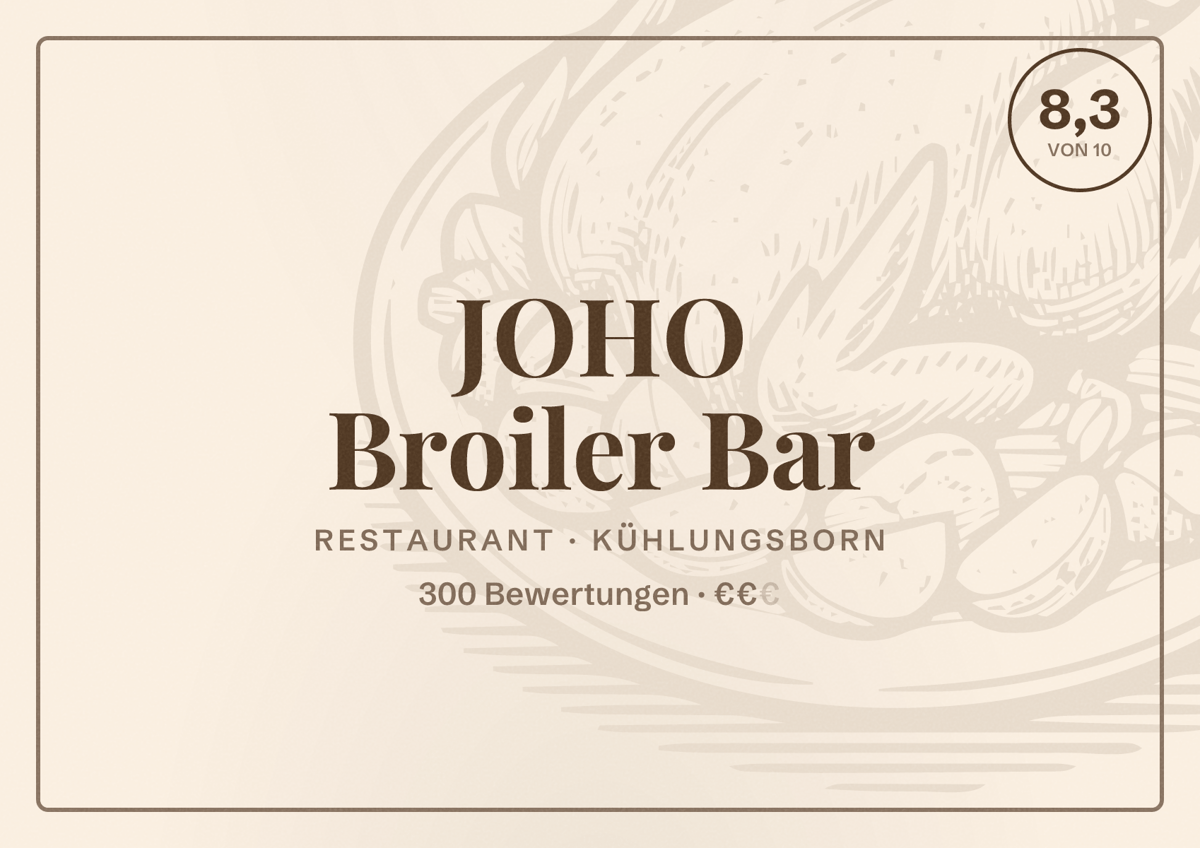 Illustriertes Poster von JOHO Broiler Bar, Restaurant in Kühlungsborn: Bewertung 8,3 von 10 aus 300 Bewertungen, Preisniveau €€