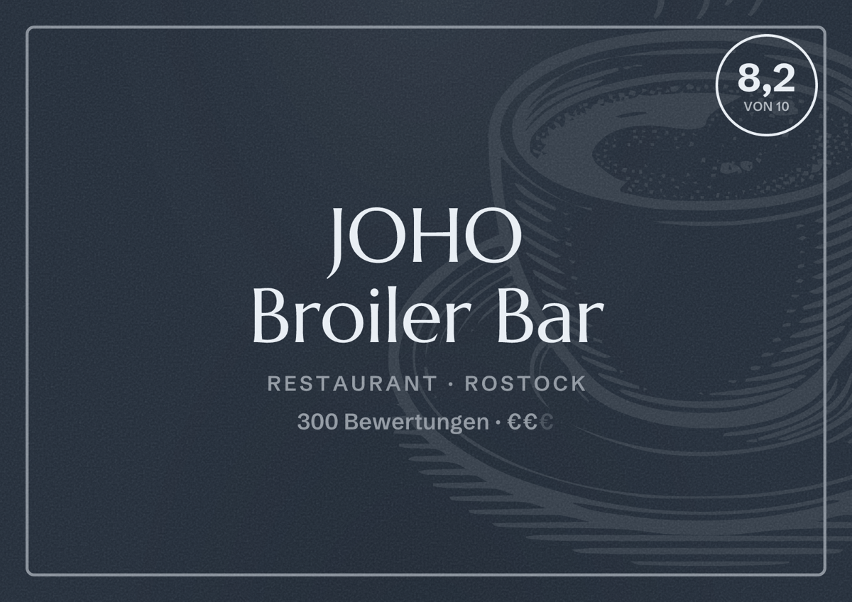 Illustriertes Poster von JOHO Broiler Bar, Restaurant in Rostock: Bewertung 8,2 von 10 aus 300 Bewertungen, Preisniveau €€