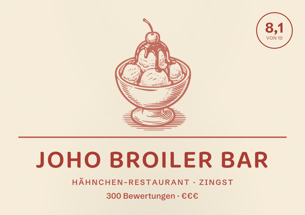 Illustriertes Poster von JOHO Broiler Bar, Hähnchen-Restaurant in Zingst: Bewertung 8,1 von 10 aus 300 Bewertungen, Preisniveau €€€