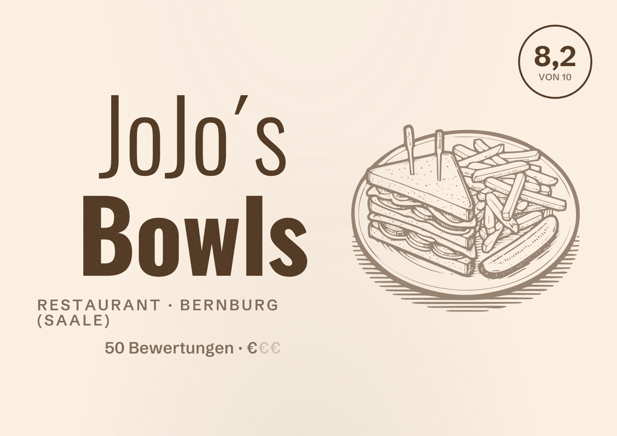 Illustriertes Poster von JoJo´s Bowls, Restaurant in Bernburg (Saale): Bewertung 8,2 von 10 aus 50 Bewertungen, Preisniveau €