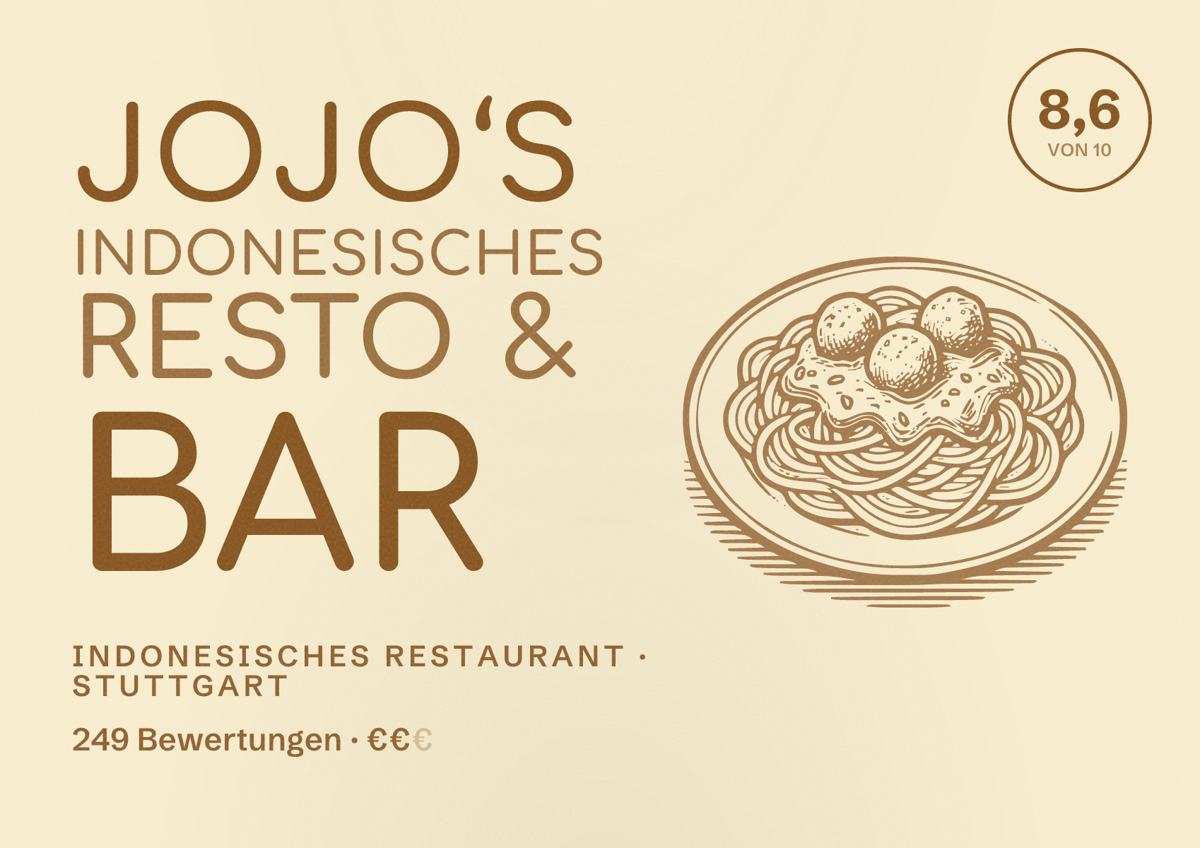 Illustriertes Poster von Jojo‘s Indonesisches Resto & Bar, Indonesisches Restaurant in Stuttgart: Bewertung 8,6 von 10 aus 249 Bewertungen, Preisniveau €€
