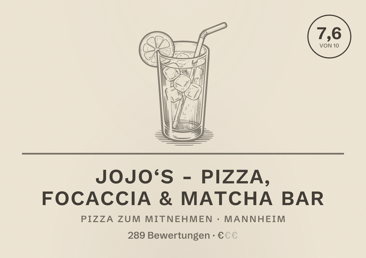 Illustriertes Poster von JoJo‘s - Pizza, Focaccia & Matcha Bar, Pizza zum Mitnehmen in Mannheim: Bewertung 7,6 von 10 aus 289 Bewertungen, Preisniveau €