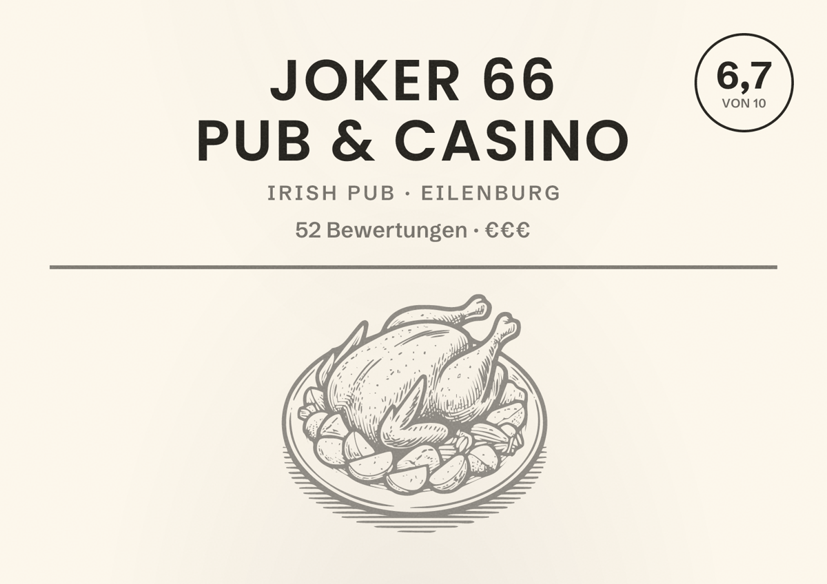 Illustriertes Poster von Joker 66 Pub & Casino, Irish Pub in Eilenburg: Bewertung 6,7 von 10 aus 52 Bewertungen, Preisniveau €€€