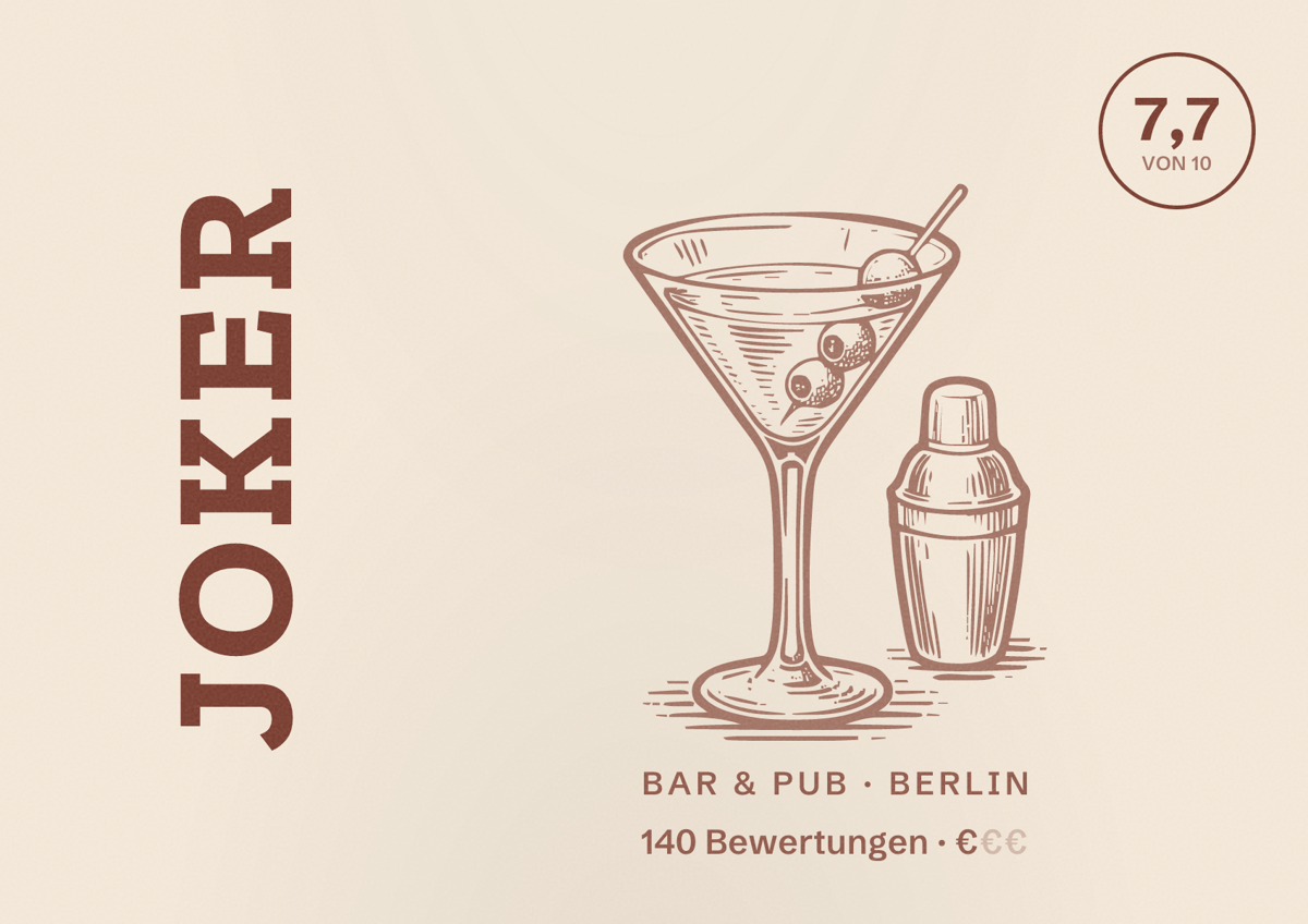 Illustriertes Poster von JOKER, Bar & Pub in Berlin: Bewertung 7,7 von 10 aus 140 Bewertungen, Preisniveau €