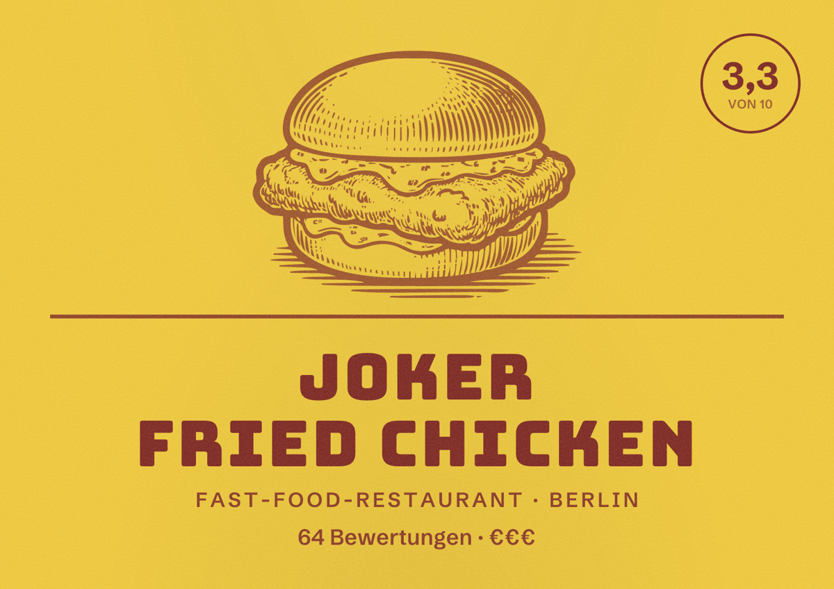 Illustriertes Poster von Joker Fried Chicken, Fast-Food-Restaurant in Berlin: Bewertung 3,3 von 10 aus 64 Bewertungen, Preisniveau €€€
