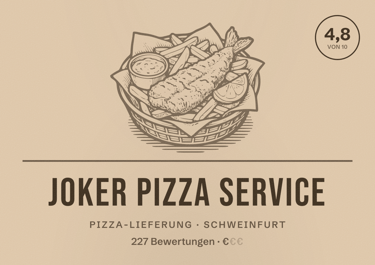Illustriertes Poster von Joker Pizza Service, Pizza-Lieferung in Schweinfurt: Bewertung 4,8 von 10 aus 227 Bewertungen, Preisniveau €